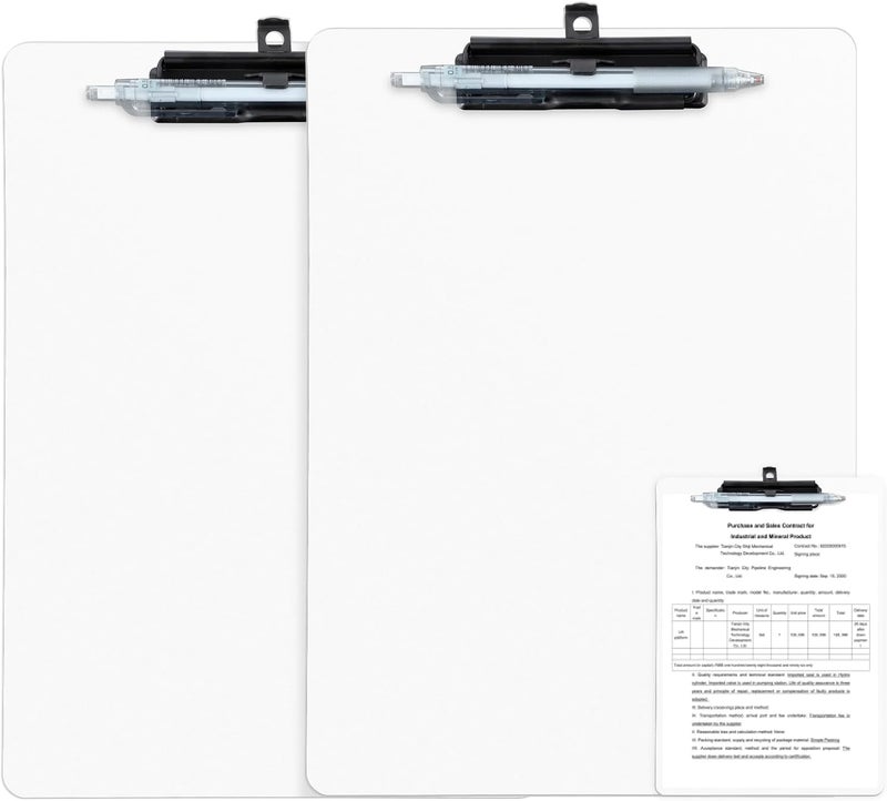FRETONBA White Clipboard with Pen Holder, 2 Pack Plastic Clipboard with Low Profile Metal Clip, Hanging Clipboards Holds 8.5x11 Inch Papers, Standard A4 Letter Size Clip Board for Office & School - Image 1